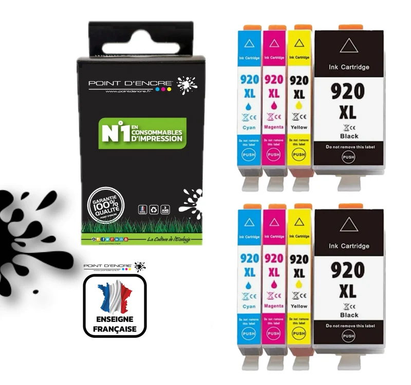 920XL - 2 X Pack de 4 Cartouches D'encre Noir/Cyan/Magenta/ Jaune - Grande capacité de Marque Française POINT D'ENCRE Pour imprimante compatible HP (cehp)