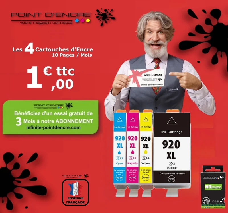 920XL - ABONNEMENT - Pack de 4 Cartouches D'encre Noir/Cyan/Magenta/ Jaune - Grande capacité de Marque Française POINT D'ENCRE Pour imprimante compatible HP (cehp)