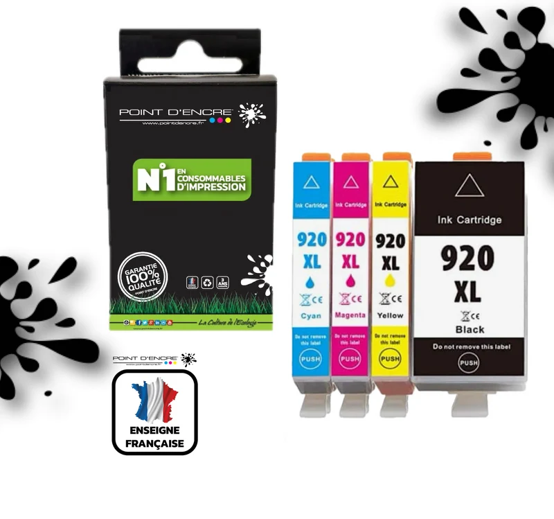 920XL - Pack de 4 Cartouches D'encre Noir/Cyan/Magenta/ Jaune - Grande capacité de Marque Française POINT D'ENCRE Pour imprimante compatible HP (cehp)