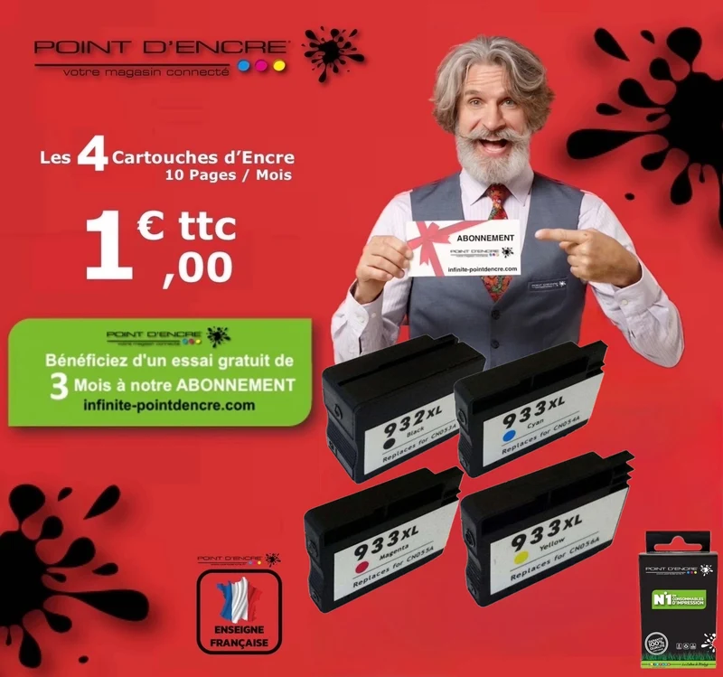 932XL / 933XL - ABONNEMENT - Pack de 4 Cartouches D'encre Noir/Cyan/Magenta/ Jaune - Grande capacité de Marque Française POINT D'ENCRE Pour imprimante compatible HP (cehp) (Copie)