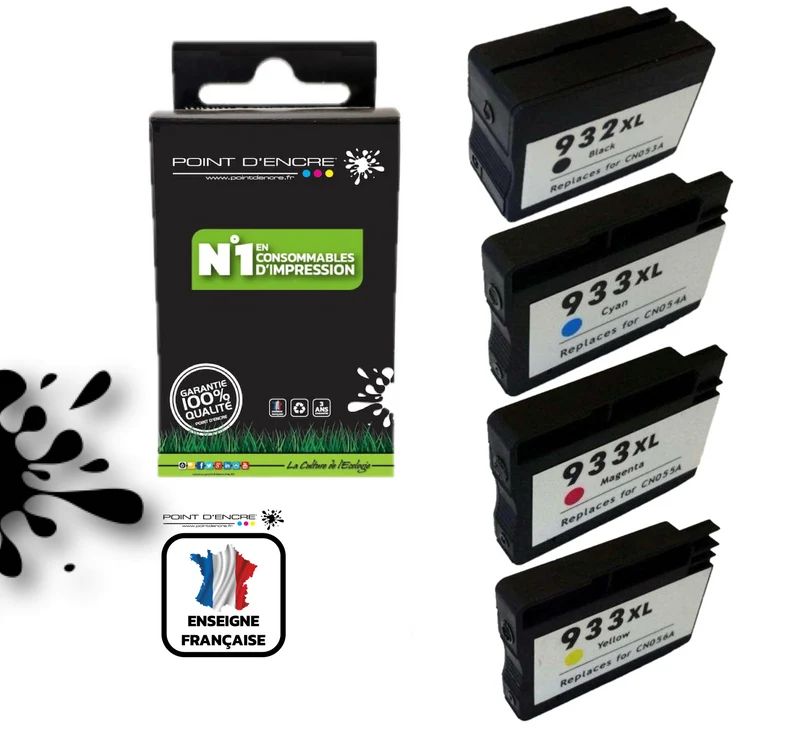 932XL / 933XL - Pack de 4 Cartouches D'encre Noir/Cyan/Magenta/ Jaune - Grande capacité de Marque Française POINT D'ENCRE Pour imprimante compatible HP (cehp)