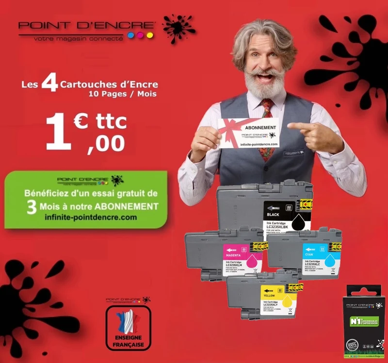 LC3235XL / LC3233 - ABONNEMENT - Pack de 4 Cartouches D'encre Noir/Cyan/Magenta/ Jaune - Grande capacité de Marque Française POINT D'ENCRE Pour imprimante compatible BROTHER (ceb)