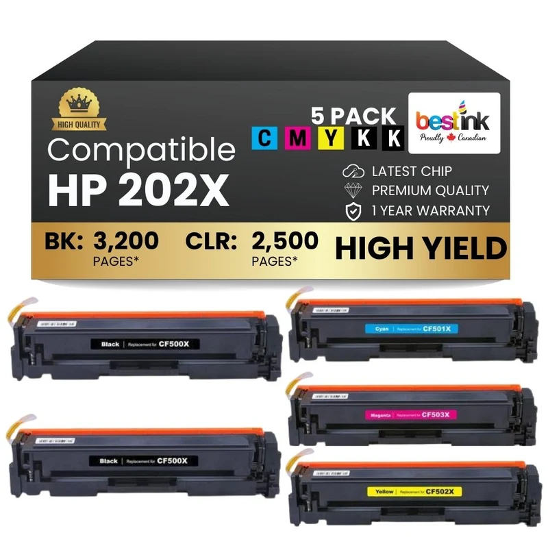 Compatible HP 202X Toner Cartridge High Yield Combo 2BK/C/M/Y (5 Pack)