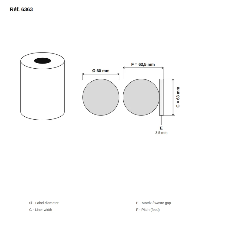 Étiquette jet d'encre couché blanc mat rond Ø 60 mm - carton de 6 rouleaux - Réf. 6363