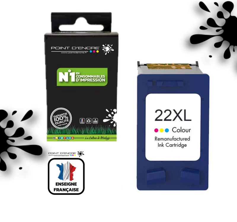22XL - COULEUR - Grande capacité de Marque Française POINT D'ENCRE - Pour imprimante compatible HP (cehp)