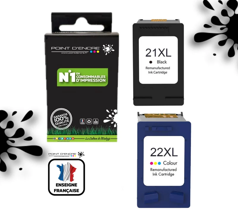 21XL / 22XL - NOIR / COULEUR - Grande capacité de Marque Française POINT D'ENCRE - Pour imprimante compatible HP (cehp)