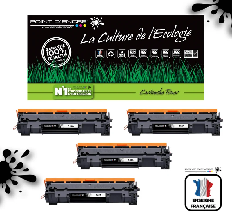 142A / W1420A - 4 X NOIR - Grande capacité Marque Francaise POINT D'ENCRE pour Imprimantes compatibles HP (clhp)