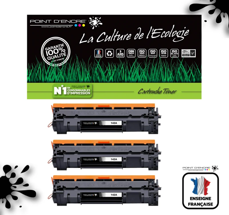 142A / W1420A - 3 X NOIR - Grande capacité Marque Francaise POINT D'ENCRE pour Imprimantes compatibles HP (clhp)