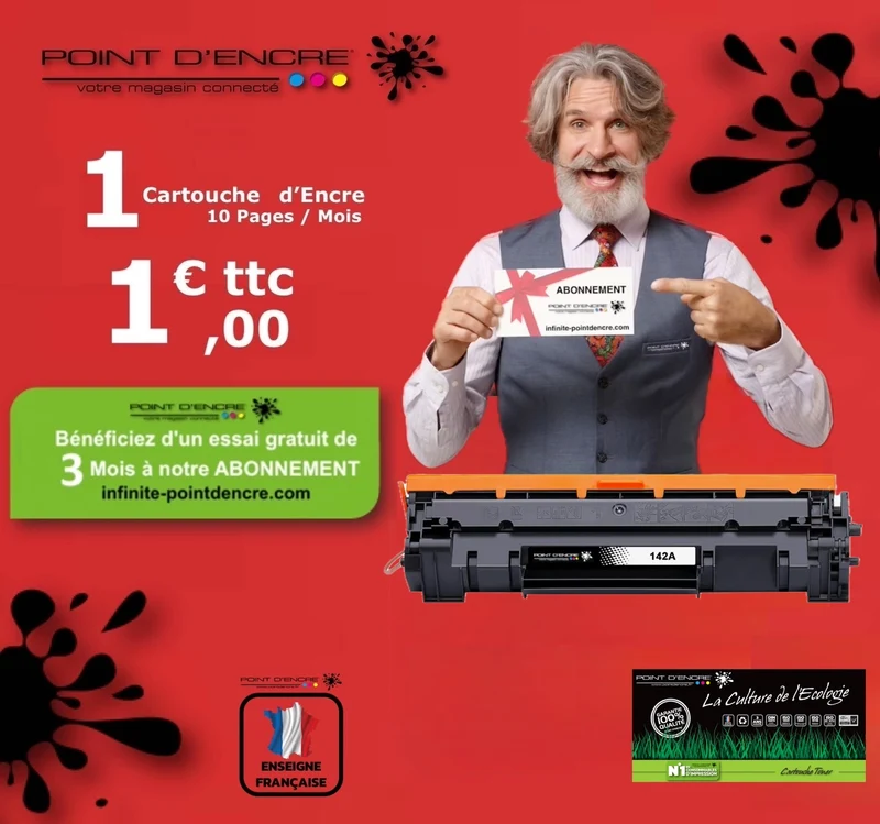 142A / W1420A - ABONNEMENT - NOIR - Grande capacité Marque Francaise POINT D'ENCRE pour Imprimantes compatibles HP (clhp)
