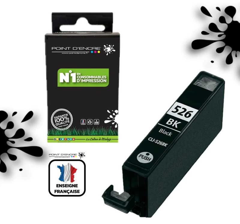 CLI-526 - NOIR PHOTO - Grande capacité de Marque Française POINT D'ENCRE Pour imprimante compatible CANON (cec)