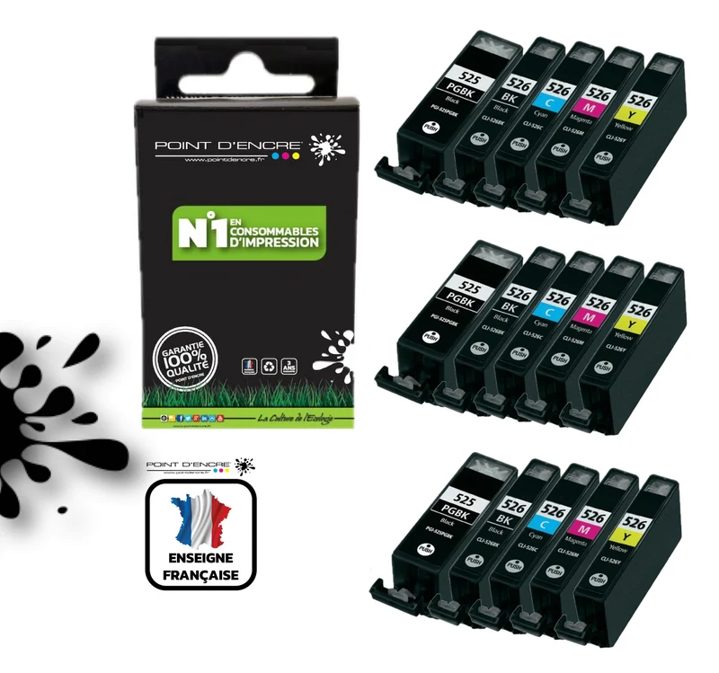 PGI-525 / CLI-526 - 3 X PACKS NOIR / NOIR PHOTO / CYAN / MAGENTA / JAUNE - Grande capacité de Marque Française POINT D'ENCRE Pour imprimante compatible CANON (cec)