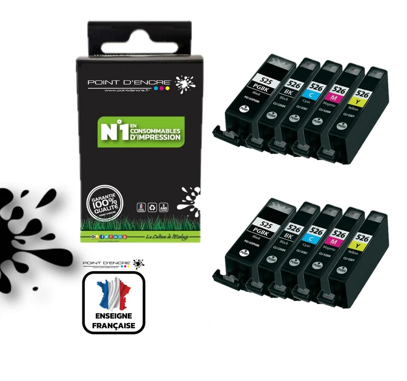 PGI-525 / CLI-526 - 2 X PACKS NOIR / NOIR PHOTO / CYAN / MAGENTA / JAUNE - Grande capacité de Marque Française POINT D'ENCRE Pour imprimante compatible CANON (cec)