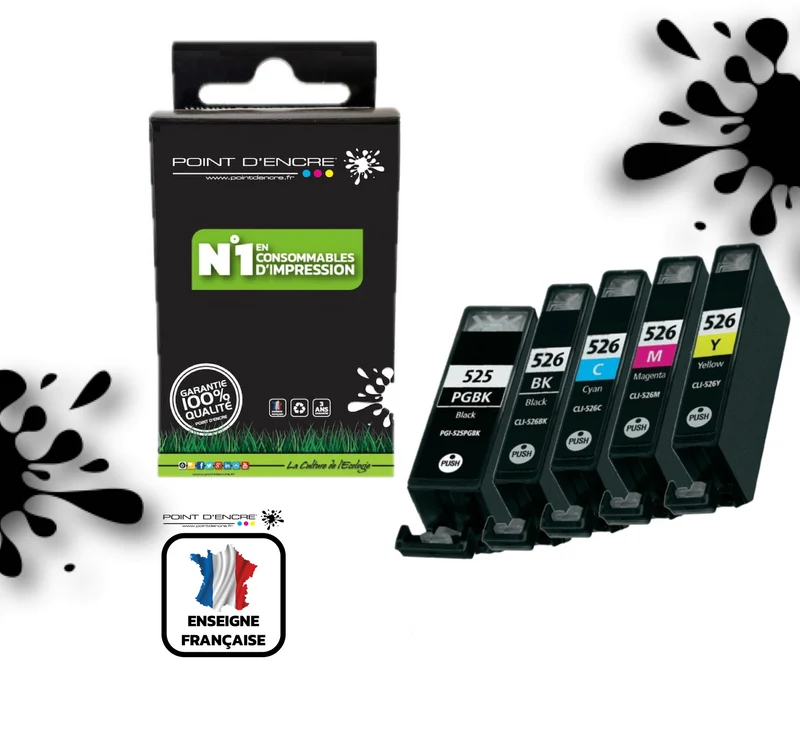 PGI-525 / CLI-526 - NOIR / NOIR PHOTO / CYAN / MAGENTA / JAUNE - Grande capacité de Marque Française POINT D'ENCRE Pour imprimante compatible CANON (cec)