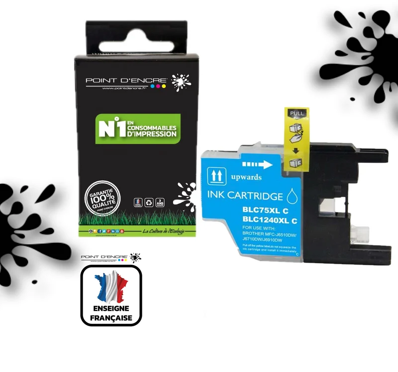LC1240XL/LC1220XL/LC1280XL - CYAN - Grande capacité de Marque Française POINT D'ENCRE Pour imprimante compatible BROTHER (ceb)