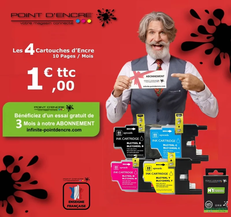 LC1240XL/LC1220XL/LC1280XL - ABONNEMENT - Pack de 4 Cartouches D'encre Noir/Cyan/Magenta/ Jaune - Grande capacité de Marque Française POINT D'ENCRE Pour imprimante compatible BROTHER (ceb)
