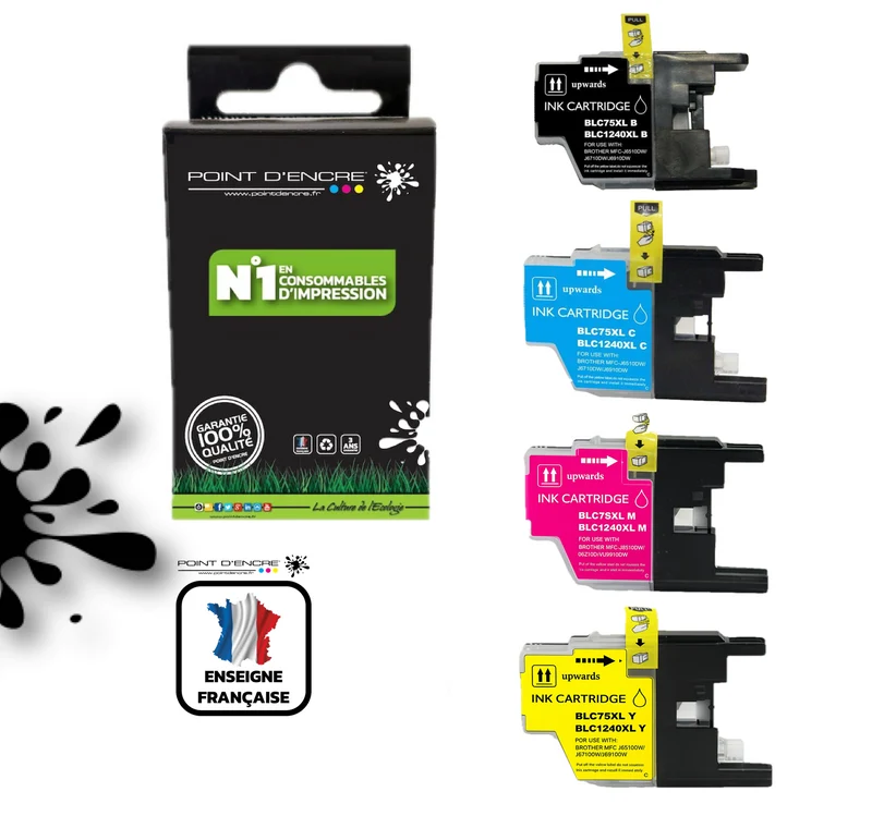 LC1240XL/LC1220XL/LC1280XL - Pack de 4 Cartouches D'encre Noir/Cyan/Magenta/ Jaune - Grande capacité de Marque Française POINT D'ENCRE Pour imprimante compatible BROTHER (ceb)