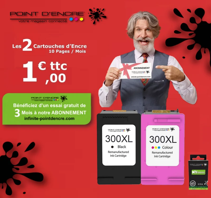 300XL - NOIR / COULEUR - ABONNEMENT- Grande capacité de Marque Francaise POINT D'ENCRE - Pour imprimante compatible HP (cehp)