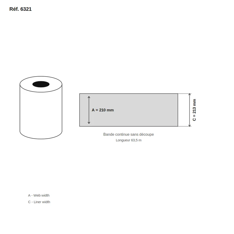 Étiquette jet d'encre couché blanc brillant bande continue sans découpe laize 210 mm - carton de 6 rouleaux - Réf. 6321