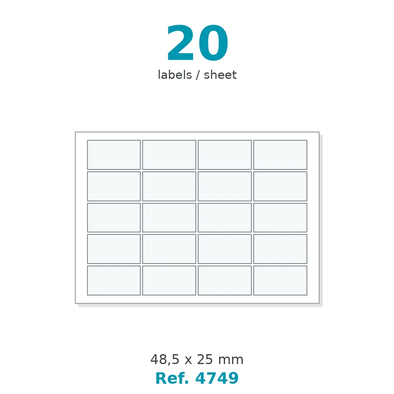 Planche A5 étiquettes santé velin blanc 210 x 148 mm - 20 étiq. par planche - boîte de 1 000 planches - Réf. 4749