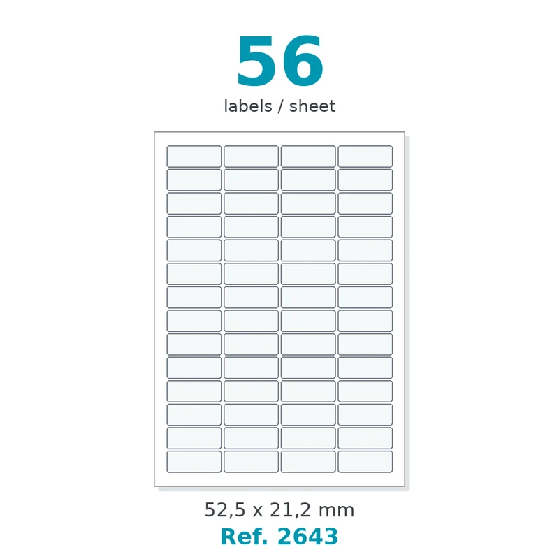 Planche A4 étiquettes santé velin blanc 52,5 x 21,2 mm - 56 étiq. par planche - boîte de 500 planches - Réf. 2643