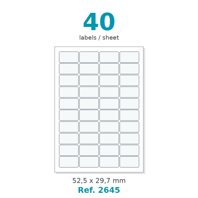 Planche A4 étiquettes santé velin blanc 52,5 x 29,7 mm - 40 étiq. par planche - boîte de 500 planches - Réf. 2645