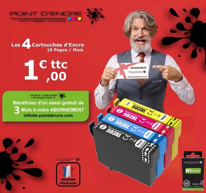 503XL - Piments - ABONNEMENT - Pack de 4 Cartouches D'encre Noir/Cyan/Magenta/ Jaune - Grande capacité de Marque Française POINT D'ENCRE Pour imprimante compatible EPSON (cee)