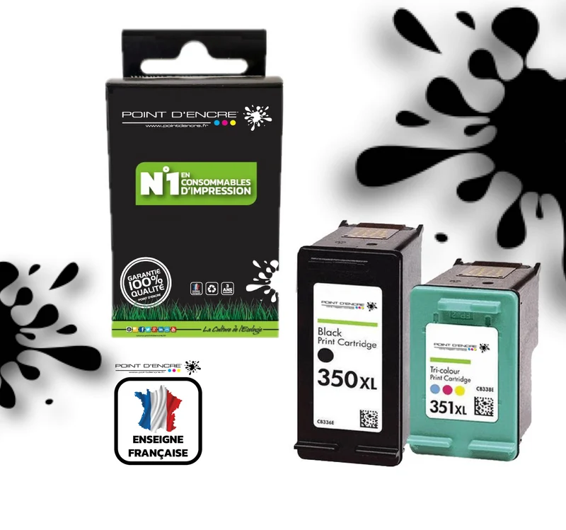 350XL / 351XL - NOIR / COULEUR - Grande capacité de Marque Francaise POINT D'ENCRE - Pour imprimante compatible HP (cehp)