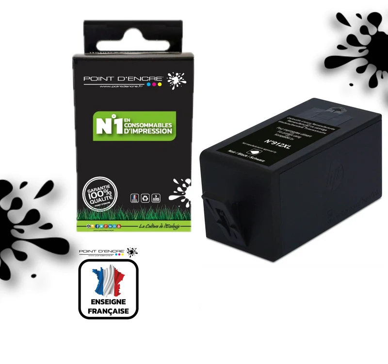 912XL - NOIR - Grande capacité de Marque Française POINT D'ENCRE Pour imprimante compatible HP (cehp)