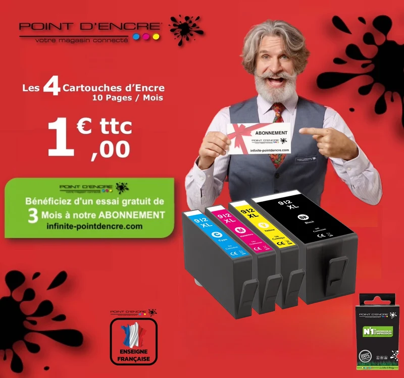 912XL - ABONNEMENT - Pack de 4 Cartouches D'encre Noir/Cyan/Magenta/ Jaune - Grande capacité de Marque Française POINT D'ENCRE Pour imprimante compatible HP (cehp)