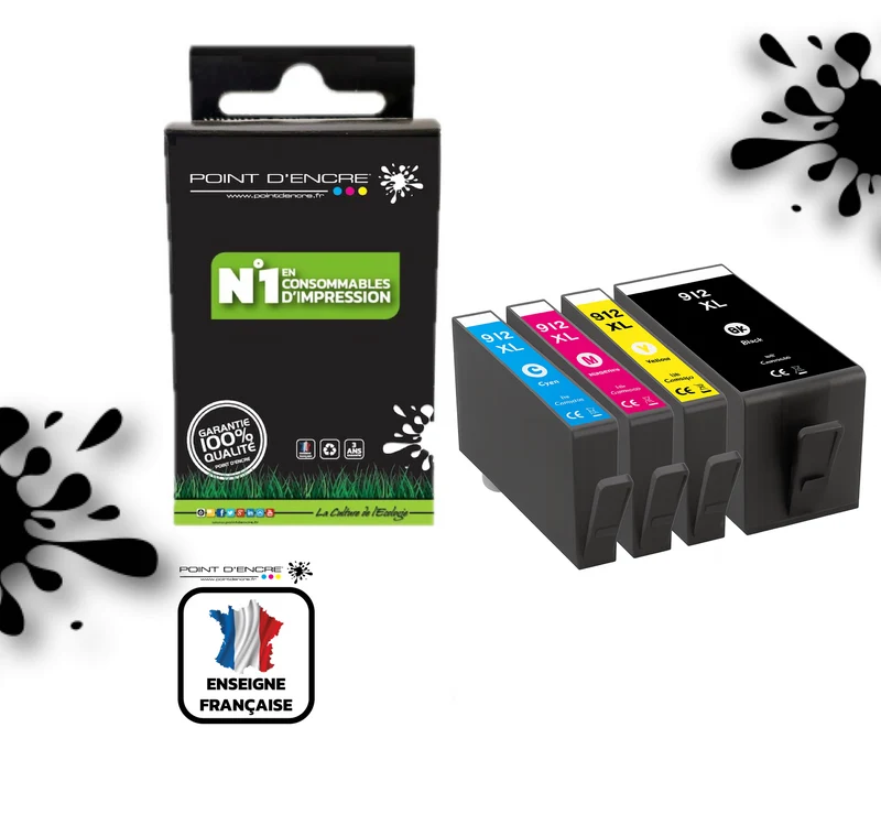 912XL - Pack de 4 Cartouches D'encre Noir/Cyan/Magenta/ Jaune - Grande capacité de Marque Française POINT D'ENCRE Pour imprimante compatible HP (cehp)