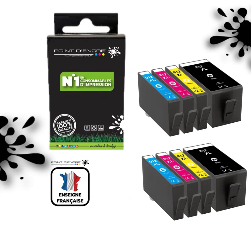 912XL - 2 X Pack de 4 Cartouches D'encre Noir/Cyan/Magenta/ Jaune - Grande capacité de Marque Française POINT D'ENCRE Pour imprimante compatible HP (cehp)