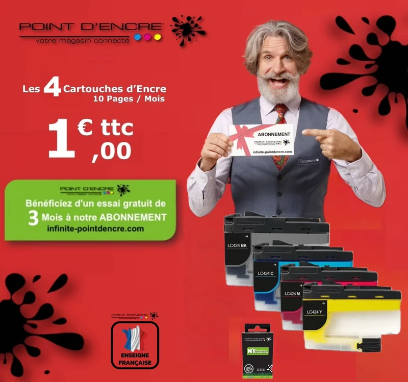 LC424 - ABONNEMENT - Pack de 4 Cartouches D'encre Noir/Cyan/Magenta/ Jaune - Grande capacité de Marque Française POINT D'ENCRE Pour imprimante compatible BROTHER (ceb)