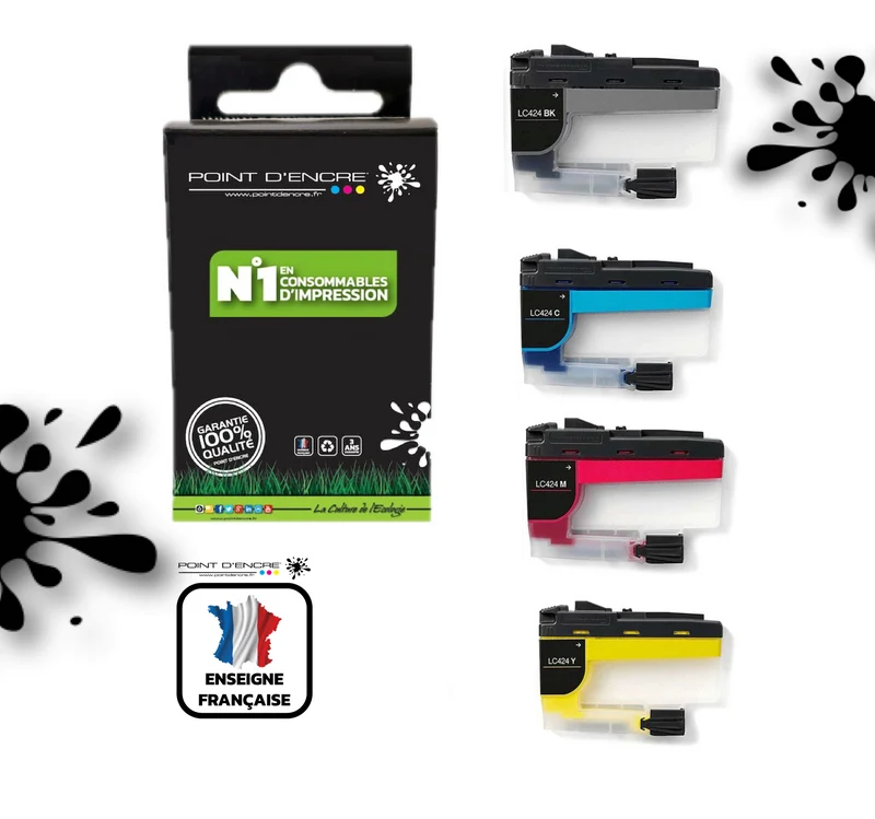 LC424 - Pack de 4 Cartouches D'encre Noir/Cyan/Magenta/ Jaune - Grande capacité de Marque Française POINT D'ENCRE Pour imprimante compatible BROTHER (ceb)