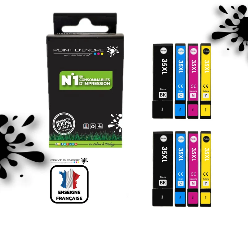35XL - Cadenas - 2 X Pack de 4 Cartouches D'encre Noir/Cyan/Magenta/ Jaune - Grande capacité de Marque Francaise POINT D'ENCRE Pour imprimante compatible EPSON (cee)