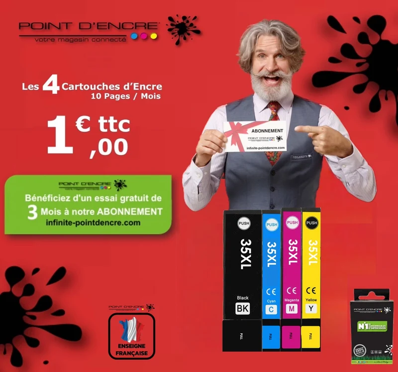 35XL - Cadenas - ABONNEMENT - Pack de 4 Cartouches D'encre Noir/Cyan/Magenta/ Jaune - Grande capacité de Marque Francaise POINT D'ENCRE Pour imprimante compatible EPSON (cee)