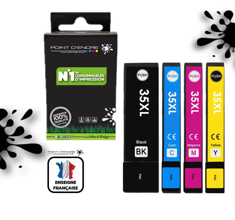 35XL - Cadenas - Pack de 4 Cartouches D'encre Noir/Cyan/Magenta/ Jaune - Grande capacité de Marque Francaise POINT D'ENCRE Pour imprimante compatible EPSON (cee)