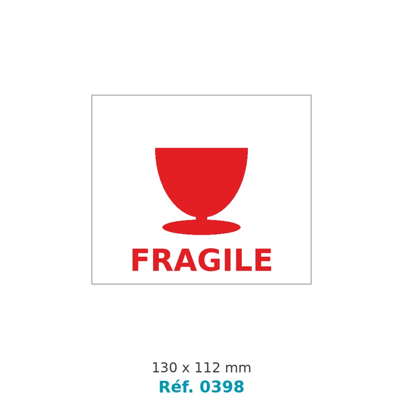 Étiquette de signalisation FRAGILE rouge sur blanc 130 x 112 mm - rouleau de 1 000 - carton de 4 rouleaux - Réf. 0398
