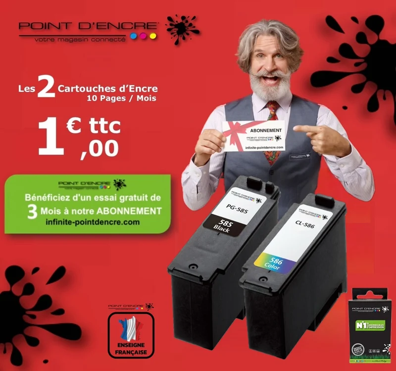 PG-585XL / CL-586XL - NOIR / COULEUR - ABONNEMENT - Grande capacité de Marque Française POINT D'ENCRE - Pour imprimante compatible CANON (cec)
