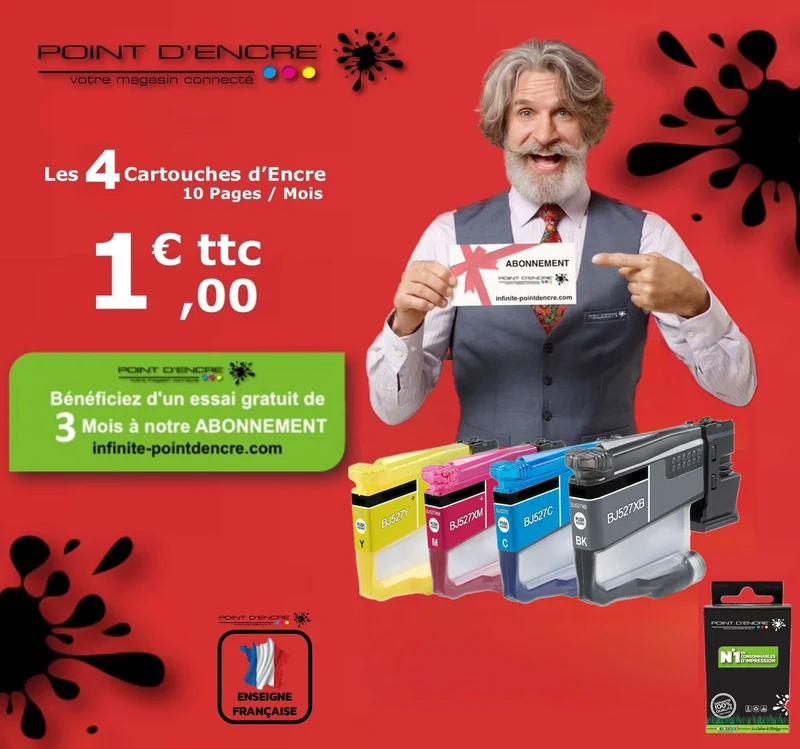 LC527XL / LC527 - ABONNEMENT - Pack de 4 Cartouches D'encre Noir/Cyan/Magenta/ Jaune - Grande capacité de Marque Française POINT D'ENCRE Pour imprimante compatible BROTHER (ceb)