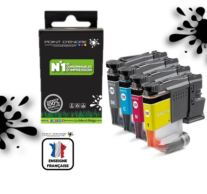 LC521 - Pack de 4 Cartouches D'encre Noir/Cyan/Magenta/ Jaune - Grande capacité de Marque Française POINT D'ENCRE Pour imprimante compatible BROTHER (ceb)