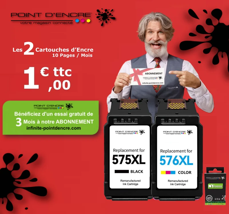 PG-575XL / CL-576XL - ABONNEMENT - NOIR / COULEUR - Grande capacité de Marque Française POINT D'ENCRE - Pour imprimante compatible CANON (cec)