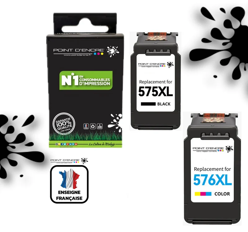 PG-575XL / CL-576XL - NOIR / COULEUR - Grande capacité de Marque Française POINT D'ENCRE - Pour imprimante compatible CANON (cec)