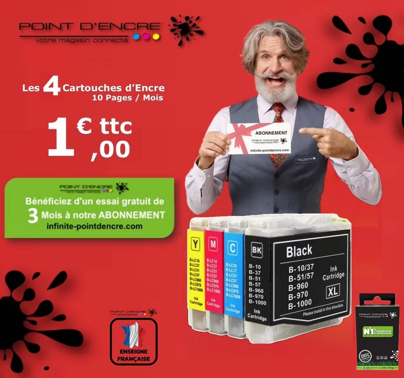 LC960 / LC970 / LC1000 - ABONNEMENT - Pack de 4 Cartouches D'encre Noir/Cyan/Magenta/ Jaune - Grande capacité de Marque Française POINT D'ENCRE Pour imprimante compatible BROTHER (ceb)