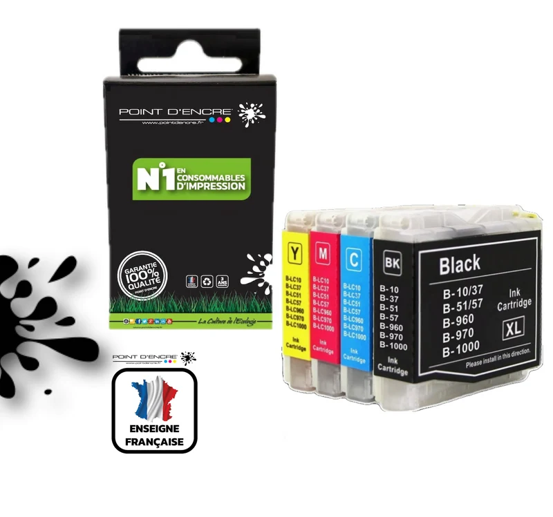 LC960 / LC970 / LC1000 - Pack de 4 Cartouches D'encre Noir/Cyan/Magenta/ Jaune - Grande capacité de Marque Française POINT D'ENCRE Pour imprimante compatible BROTHER (ceb)
