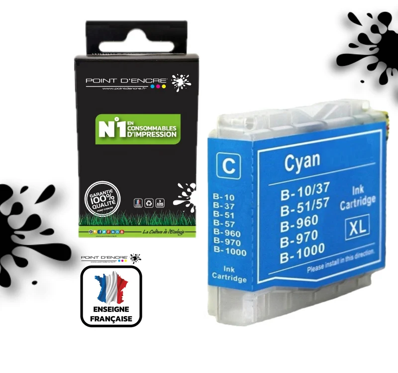 LC960 / LC970 / LC1000 - CYAN - Grande capacité de Marque Française POINT D'ENCRE Pour imprimante compatible BROTHER (ceb)