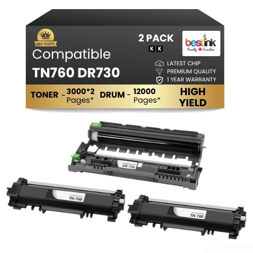 Compatible Brother TN760 DR730 2 Toner Cartridge & 1 Drum Unit( Combo )Black High-Yield ( 2 Pack )