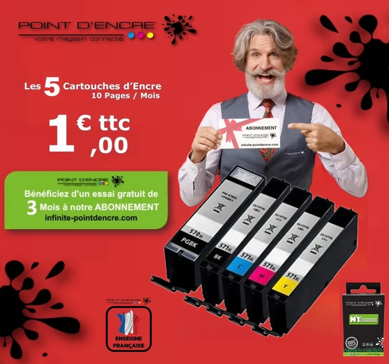 PGI-570XL / CLI-571XL - ABONNEMENT - Pack Noir / Cyan / Magenta / Jaune / Noir photo - Grande capacité de Marque Française POINT D'ENCRE Pour imprimante compatible CANON (cec)