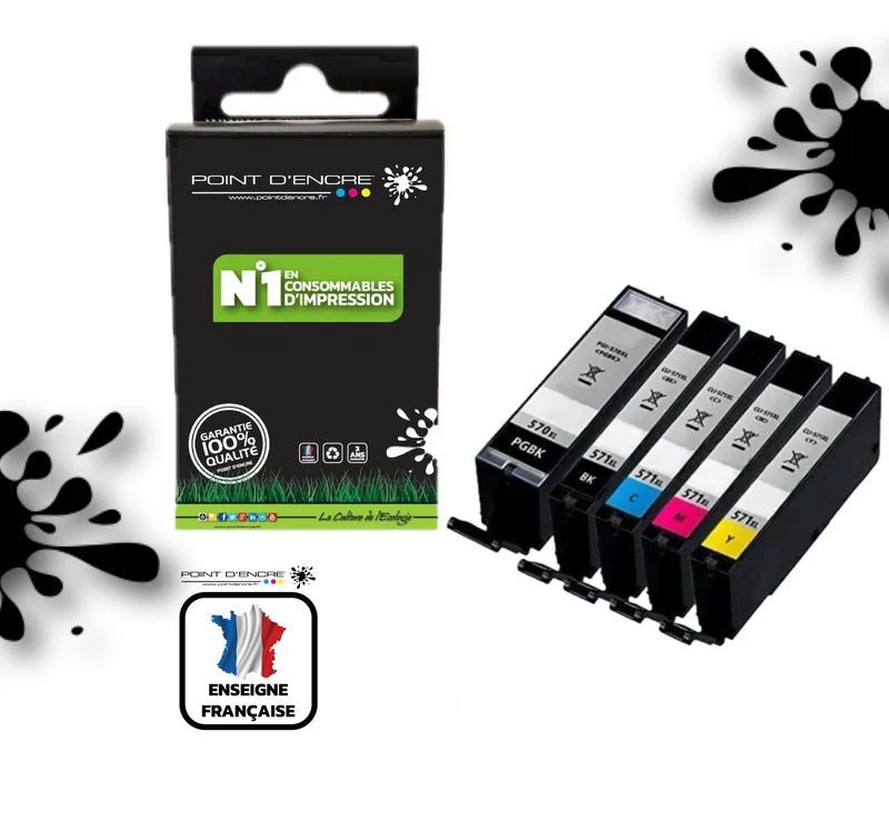 PGI-570XL / CLI-571XL - Pack Noir / Cyan / Magenta / Jaune / Noir photo - Grande capacité de Marque Française POINT D'ENCRE Pour imprimante compatible CANON (cec)