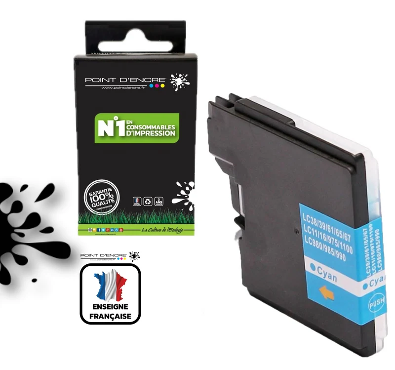 LC980XL / LC985XL / LC1100XL- CYAN - Grande capacité de Marque Française POINT D'ENCRE Pour imprimante compatible BROTHER (ceb)