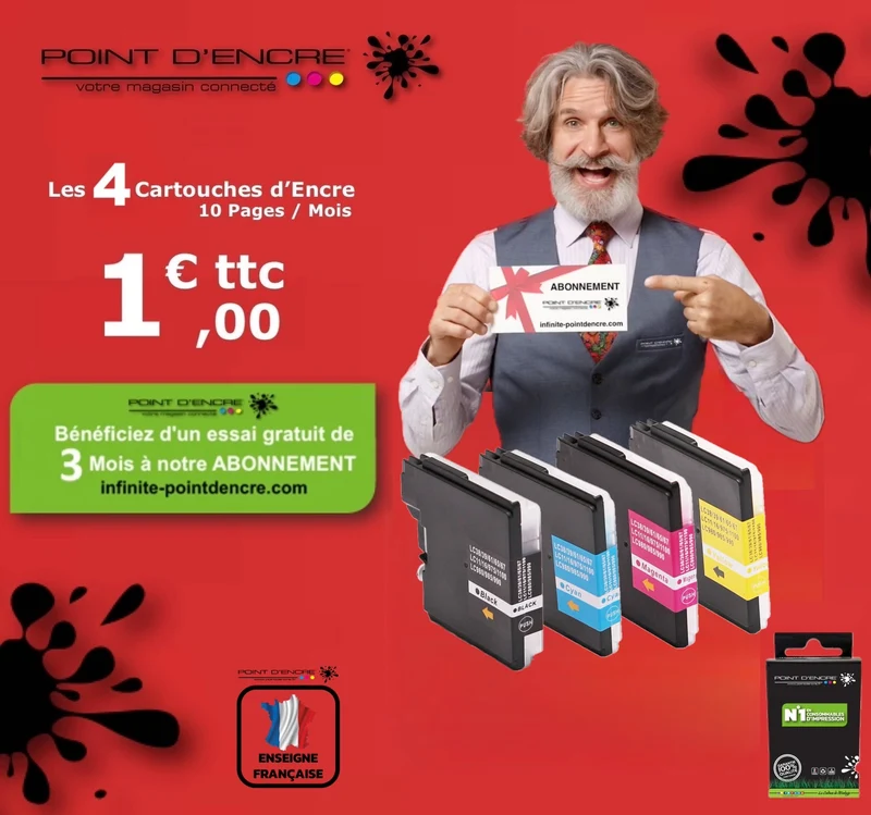 LC980XL / LC985XL / LC1100XL- ABONNEMENT - Pack de 4 Cartouches D'encre Noir/Cyan/Magenta/ Jaune - Grande capacité de Marque Française POINT D'ENCRE Pour imprimante compatible BROTHER (ceb)